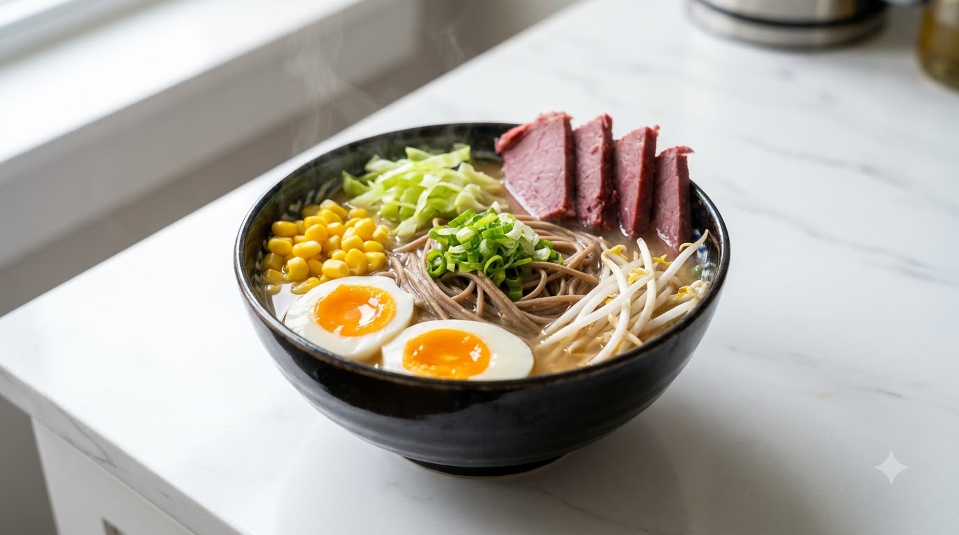 진한 미소 육수에 메밀면, 숙성 소고기, 반숙란이 곁들여진 저지방 미소 라멘 한 그릇