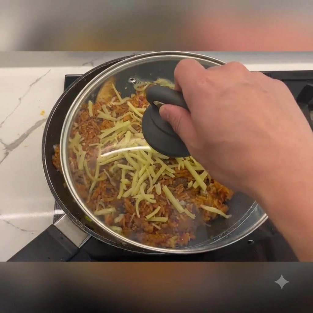 한 손으로 유리 뚜껑의 손잡이를 잡고 볶음밥과 치즈가 담긴 팬 위를 덮고 있습니다.