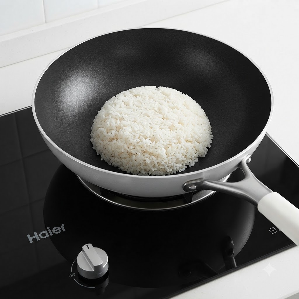 큰 웍 안에 남은 흰쌀밥, 소고기 조각, 계란 스크램블이 볶을 준비가 된 상태로 담겨 있는 모습.