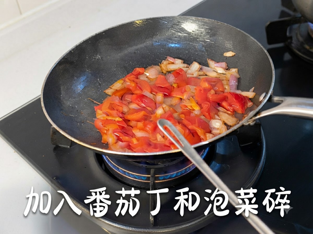 프라이팬에서 다진 토마토와 썬 김치가 양파와 함께 볶아지고 있는 모습