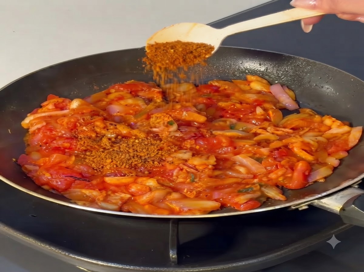 토마토와 양파 혼합물 위로 숟가락의 고춧가루가 뿌려지고 있는 모습