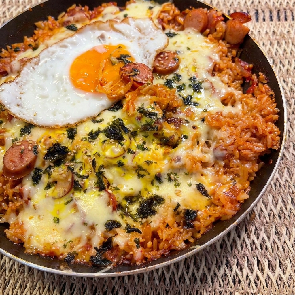 팬에 담긴 김치 밥 스튜 위에 슬라이스 치즈와 모짜렐라 치즈가 듬뿍 뿌려져 있는 모습