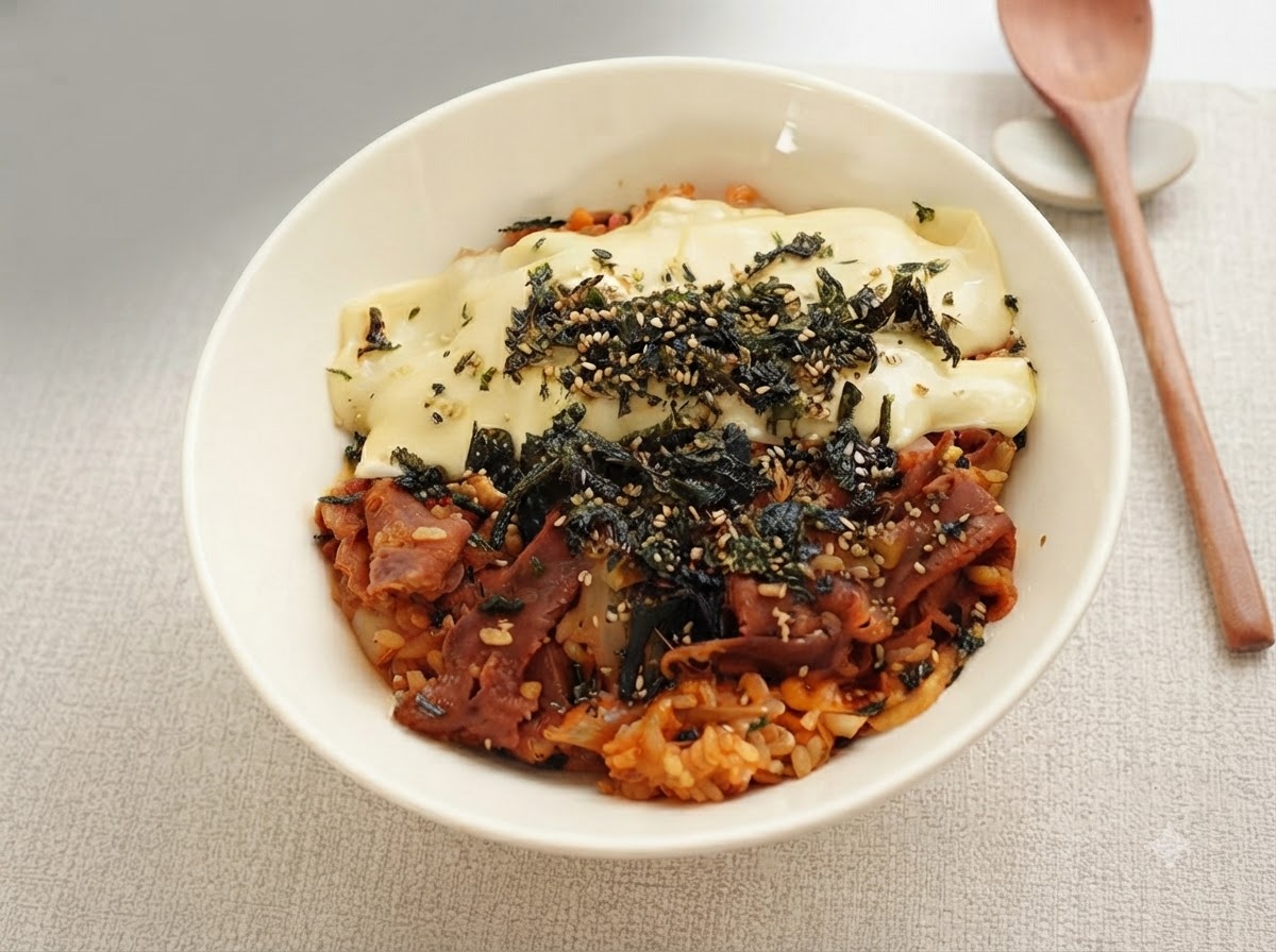 밥 혼합물에 진간장, 노두유, 설탕, 후추를 넣는 모습