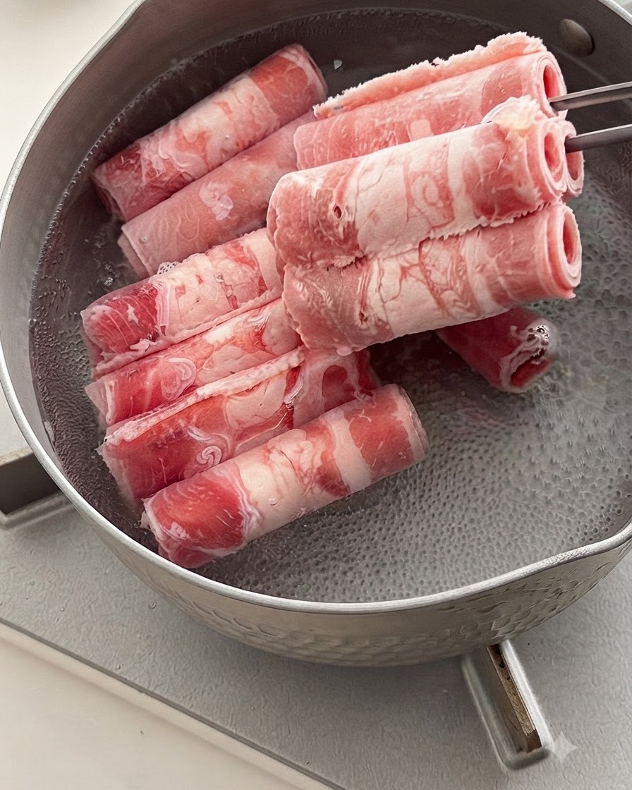 금속 젓가락을 사용하여 냉동 또는 생 소고기 롤 슬라이스를 끓는 물 냄비에 넣는 모습.