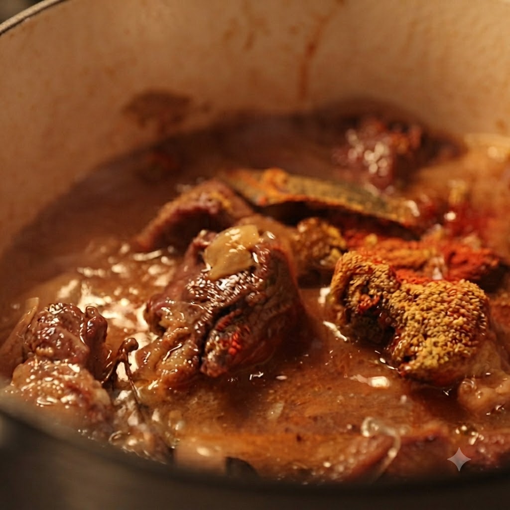 보글보글 끓는 카레와 소고기 육수에 토마토 케첩이 섞이는 모습.