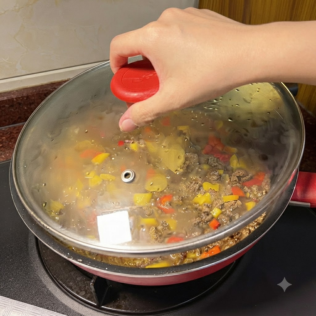 뚜껑이 덮인 팬 안에서 끓고 있는 카레 소고기 혼합물 위에 치즈 조각을 올리는 모습.