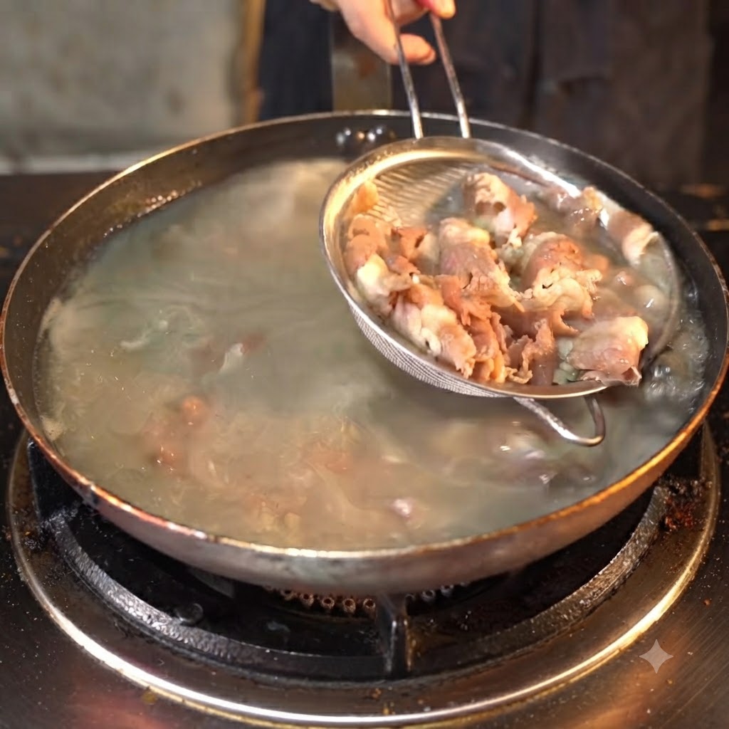 체에 밭쳐 끓는 물에서 건져 올려지는 데친 소고기 롤.