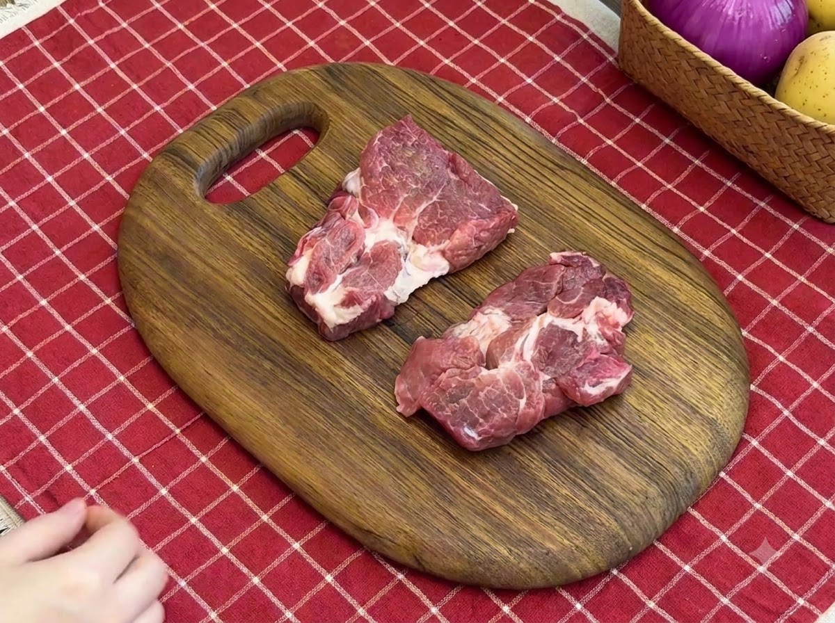 나무 도마 위에 놓인 생고기 돈가스 두 장, 날카로운 도구로 손질하는 모습.