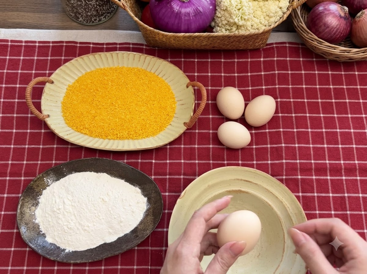 빨간색 체크 무늬 식탁보 위에 밀가루, 빵가루가 담긴 접시와 달걀물이 담긴 그릇이 배열되어 있는 모습.