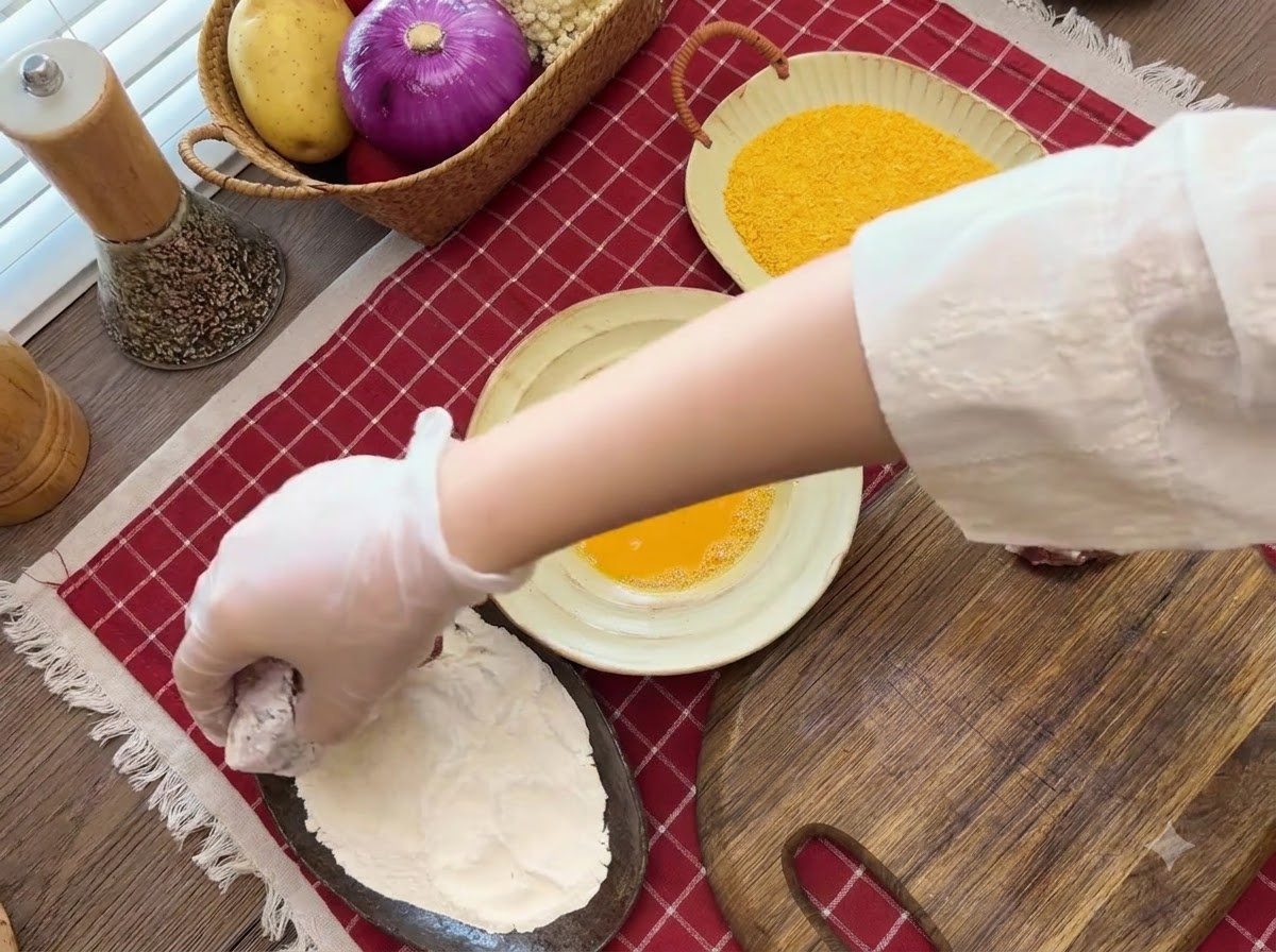 장갑을 낀 손이 달걀물과 빵가루 그릇 옆에서 고기에 밀가루를 묻히고 있는 모습.