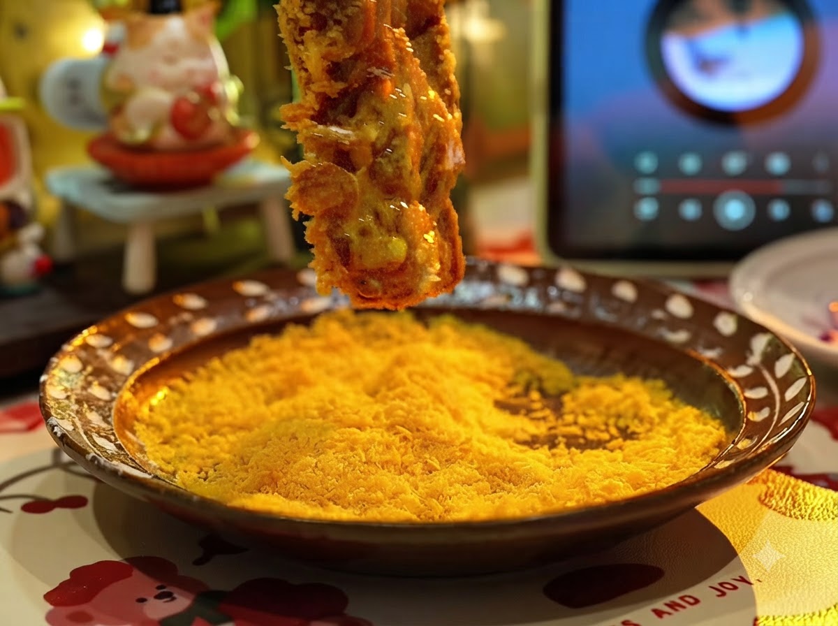 노릇한 판고 빵가루가 넓게 담긴 그릇에 돼지고기가 완전히 덮이도록 눌러지는 모습.