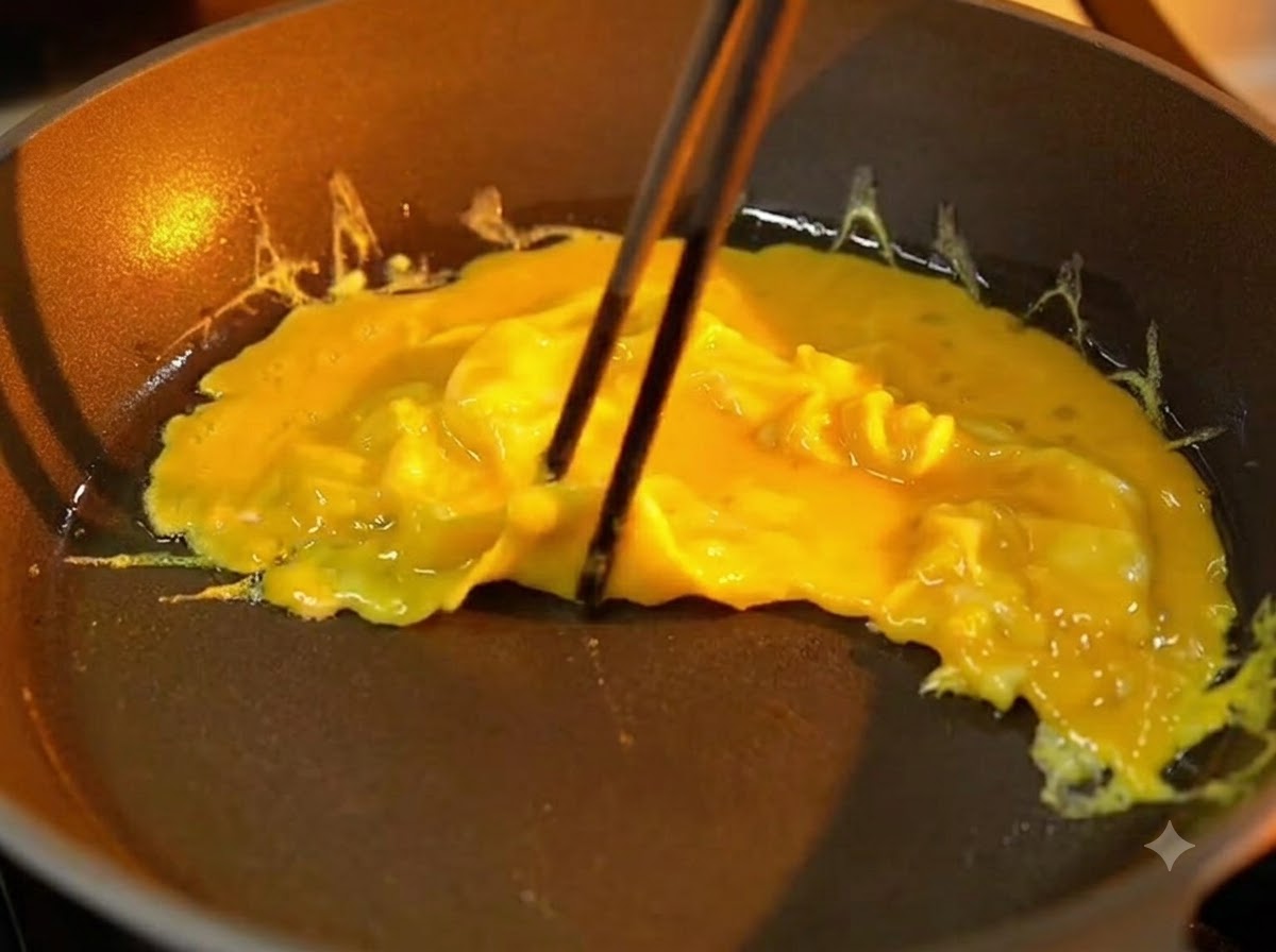 논스틱 프라이팬에서 젓가락으로 부드럽고 반쯤 익은 노란색 오믈렛을 부드럽게 접고 있는 모습.