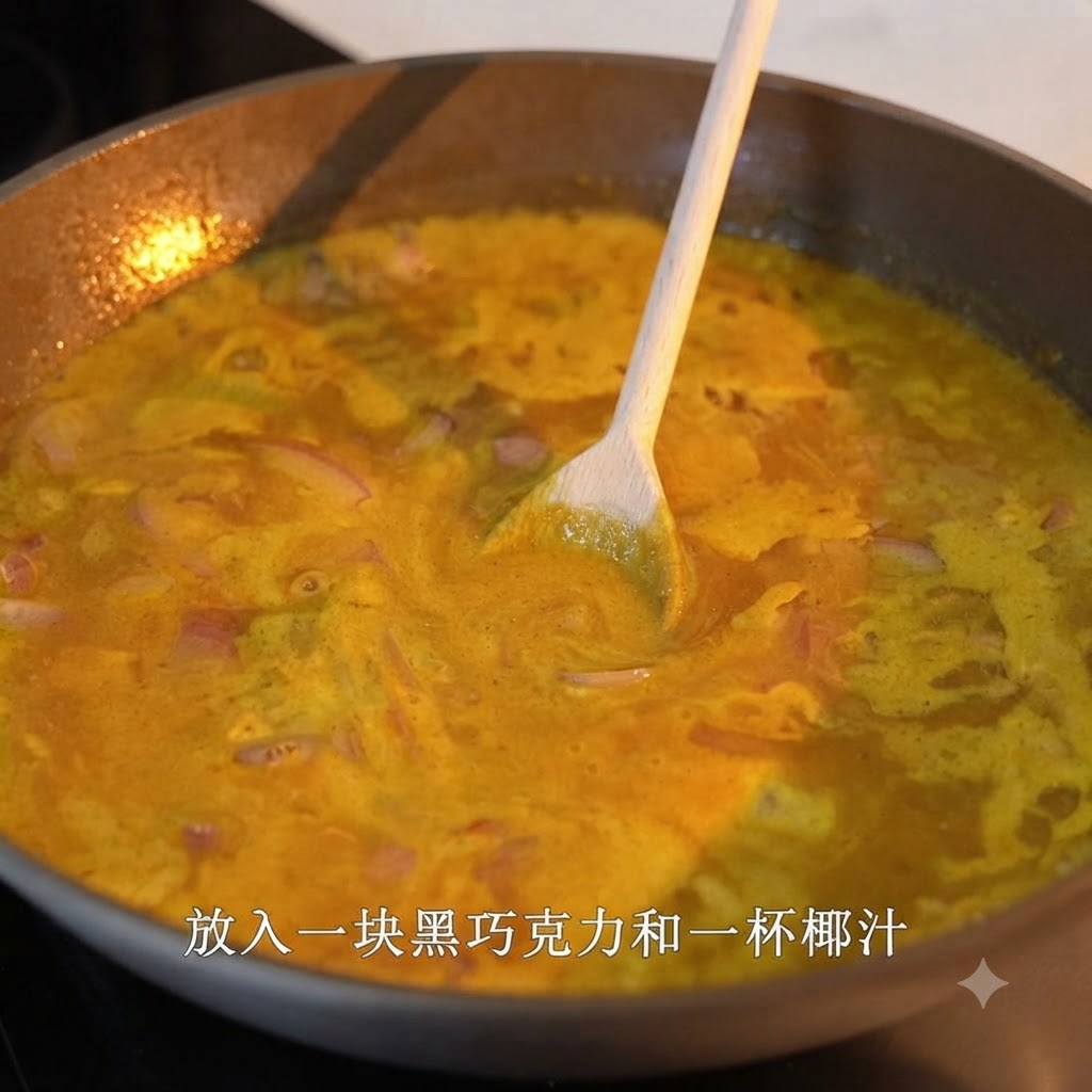 큰 팬에서 다크 초콜릿 조각이 섞인 노란 카레 소스가 끓는 동안 나무 주걱으로 젓고 있는 모습.