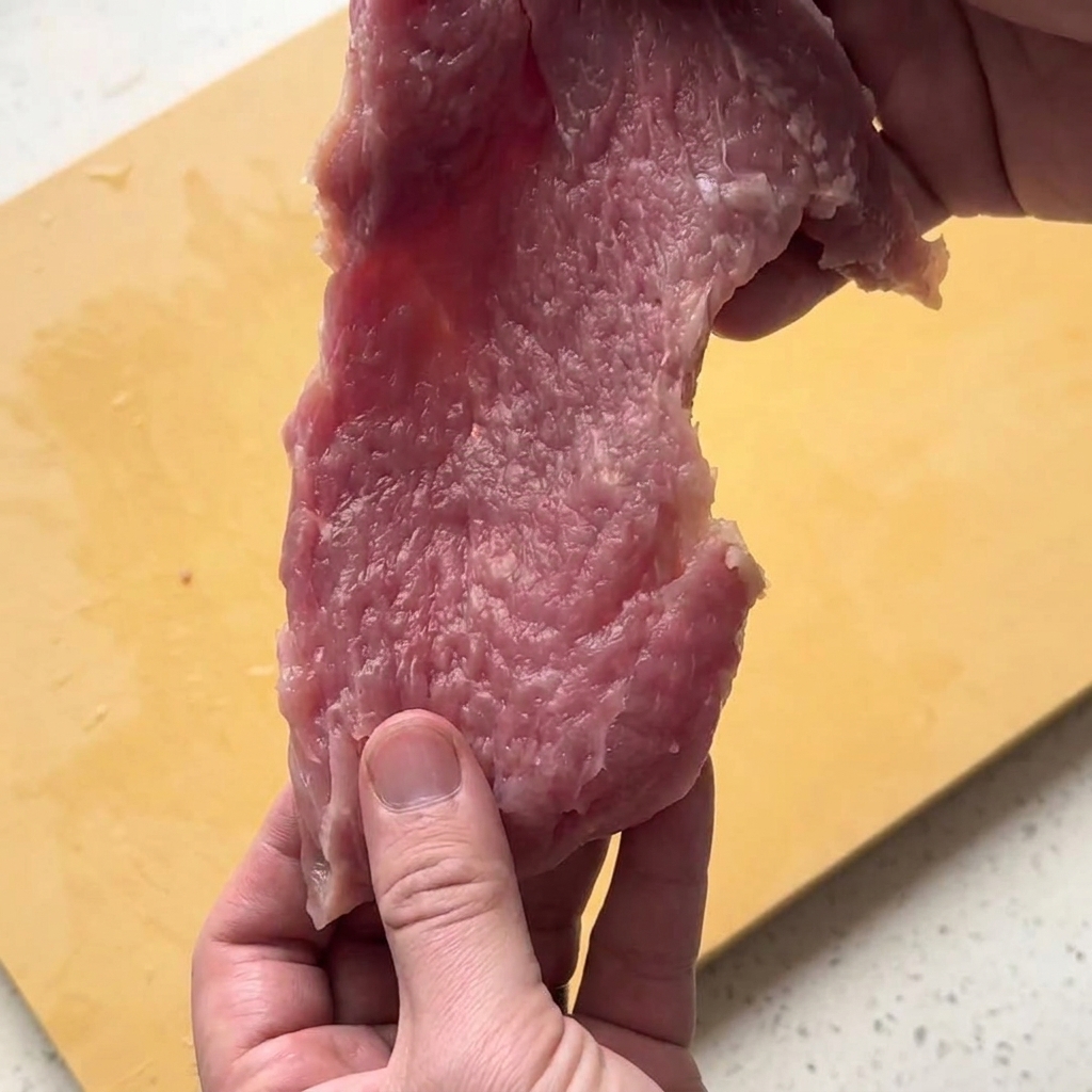 노란 도마 위에서 손질된 생돼지고기 조각을 들어 올리고 있는 사람.