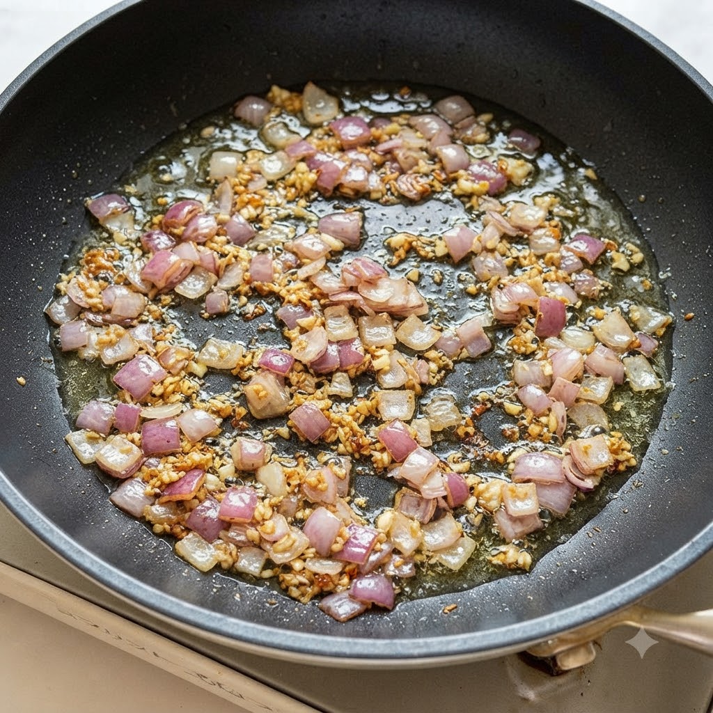 검은색 프라이팬에 뜨거운 기름을 두르고 다진 마늘과 적양파 조각을 볶는 모습.