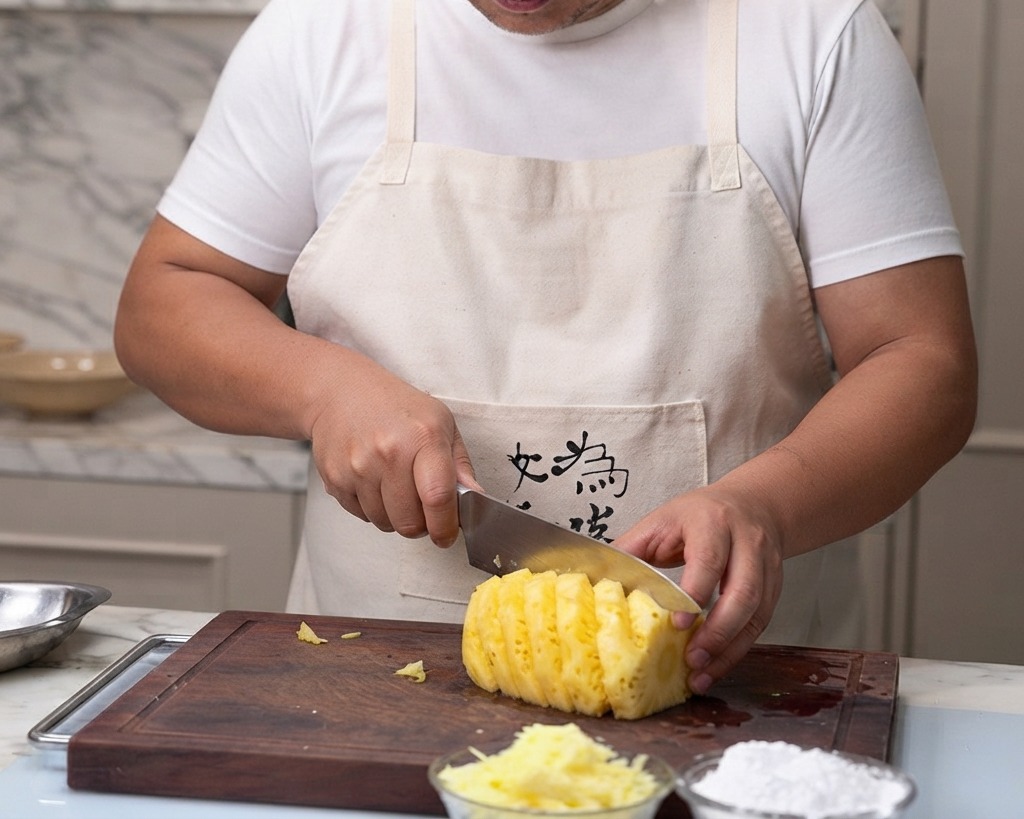도마 위에서 껍질을 벗긴 파인애플을 한 입 크기로 썰고 있는 모습.