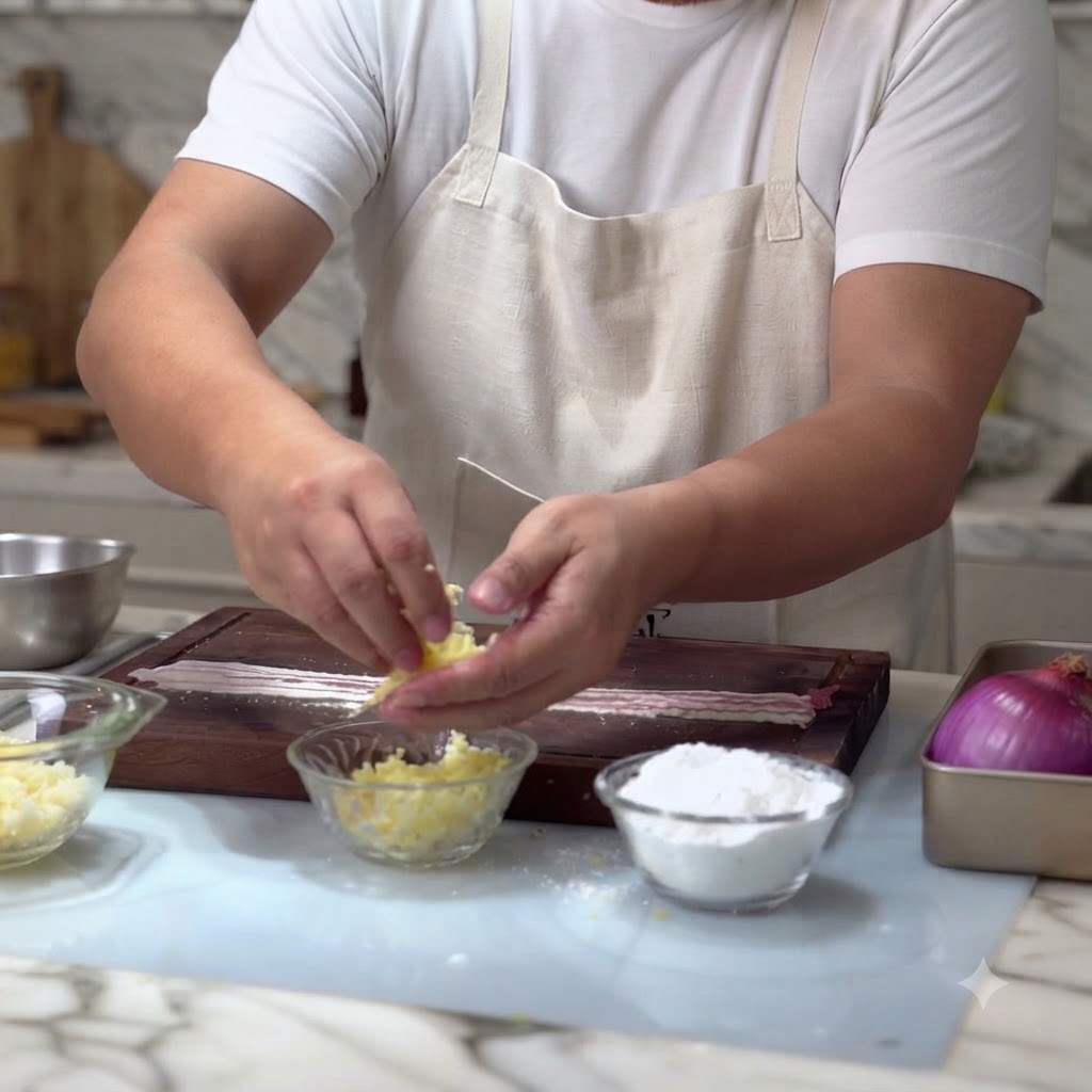 도마 위에 놓인 삼겹살 끝부분에 뭉쳐놓은 모짜렐라 치즈를 올리는 모습.