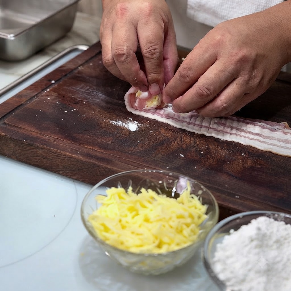 도마 위에서 삼겹살을 치즈 주변으로 단단하게 말아 미트볼 형태를 만드는 모습.