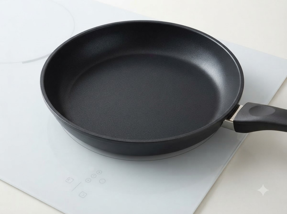 인덕션 위에서 가열되는 빈 팬의 모습.