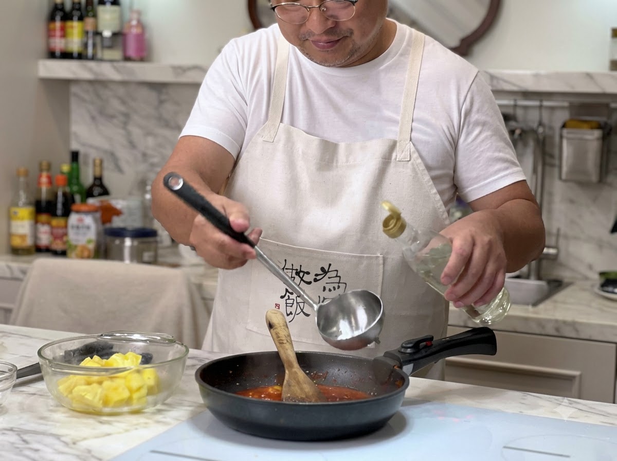 국자를 든 채 끓고 있는 붉은 소스 팬에 식초 병을 기울여 붓고 있는 모습.