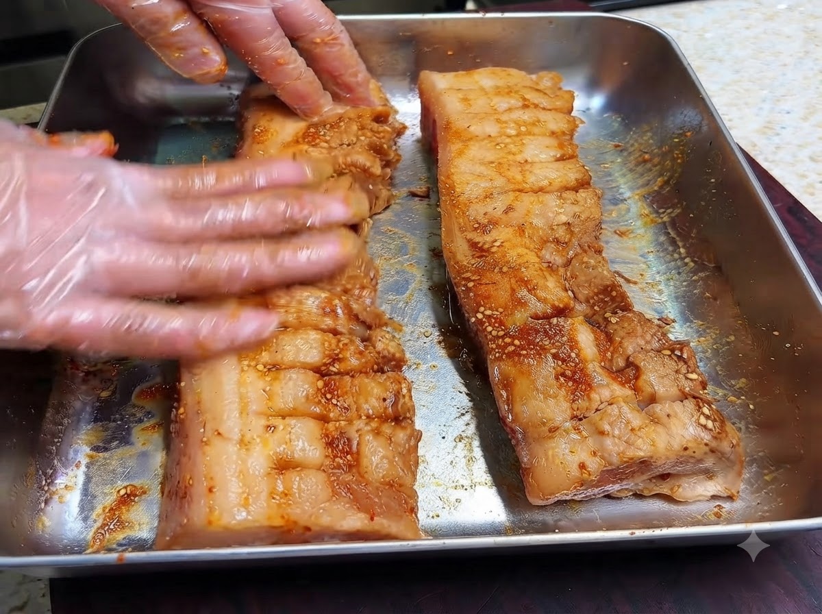 위생장갑을 낀 손으로 두 개의 삼겹살 줄무늬 칼집 틈새에 진한 양념과 마른 향신료를 마사지하듯 바르는 모습.