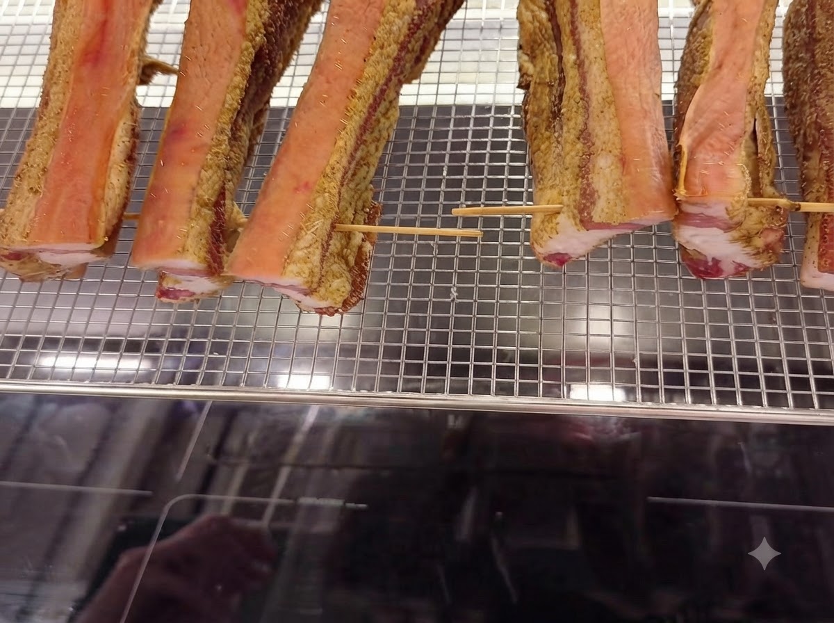 나무 이쑤시개로 고정되어 와이어 베이킹 그리드 위에 깔끔하게 놓인 삼겹살 스트립.