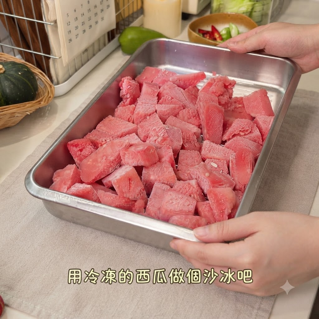두 손으로 선명한 붉은색 냉동 수박 큐브가 가득 찬 금속 트레이를 들고 있는 모습.