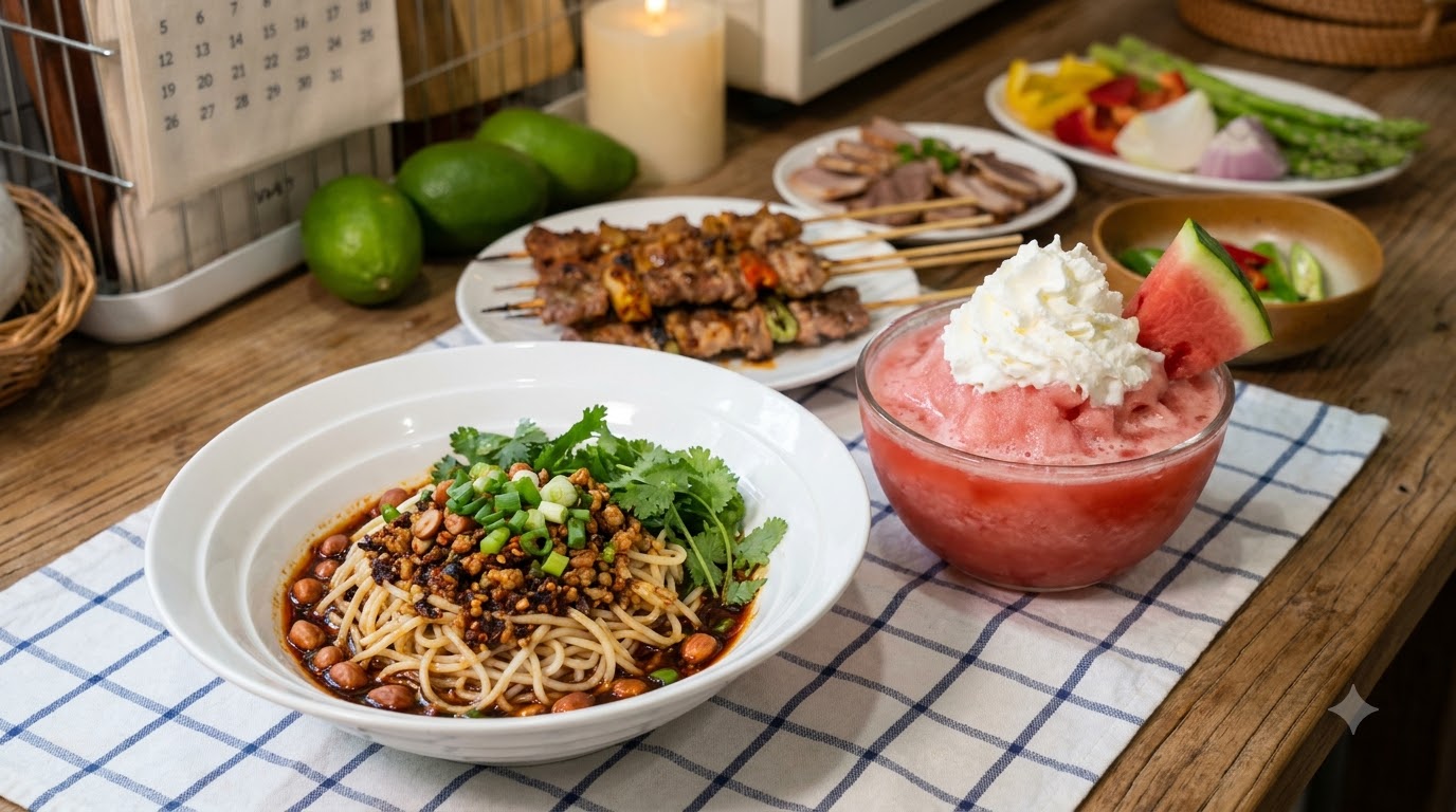 휘핑 크림을 얹은 분홍색 수박 슬러시 옆에 매콤한 다진 고기 비빔국수가 놓여 있으며, 구운 삼겹살과 신선한 채소가 곁들여져 있습니다.