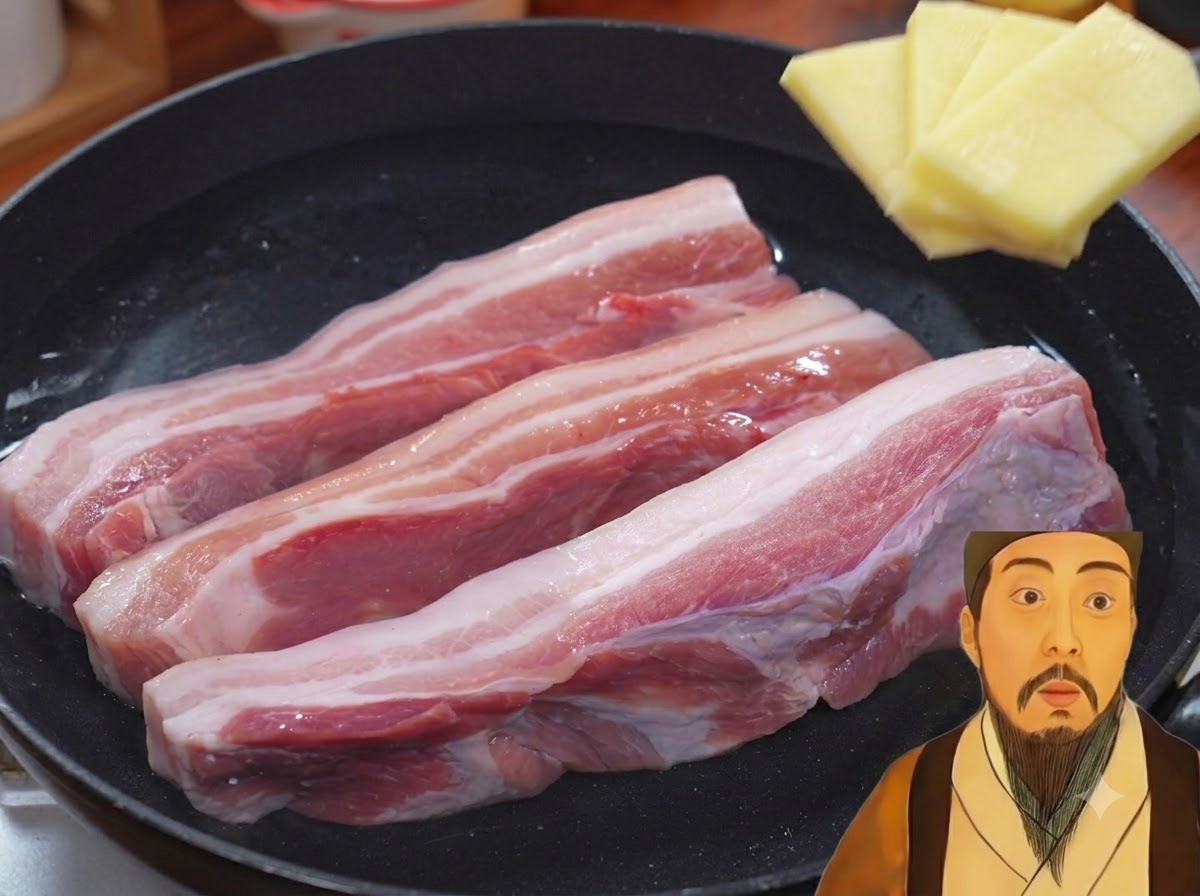 생강 슬라이스가 들어간 물에 삼겹살 줄기가 끓고 있는 모습