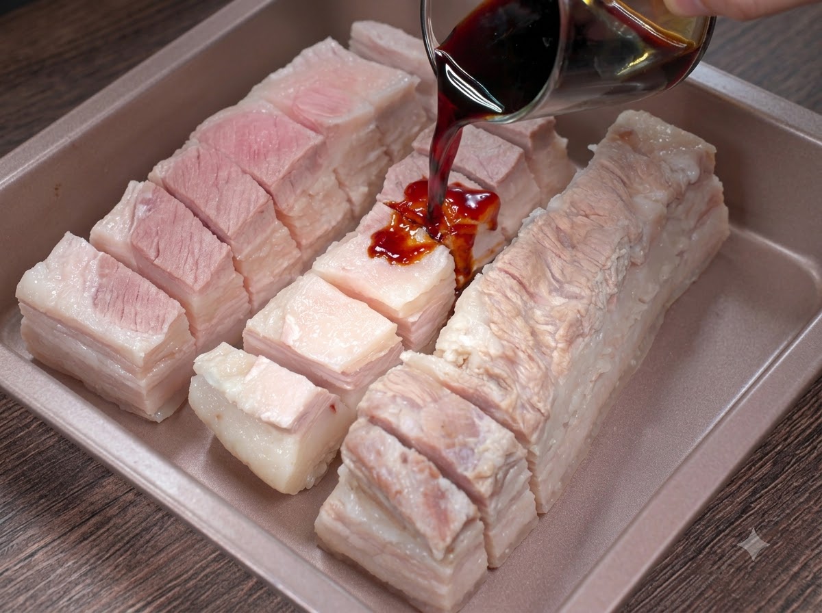 유리 용기에 담긴 진한 소스를 트레이에 놓인 칼집 낸 삼겹살 위에 붓는 모습