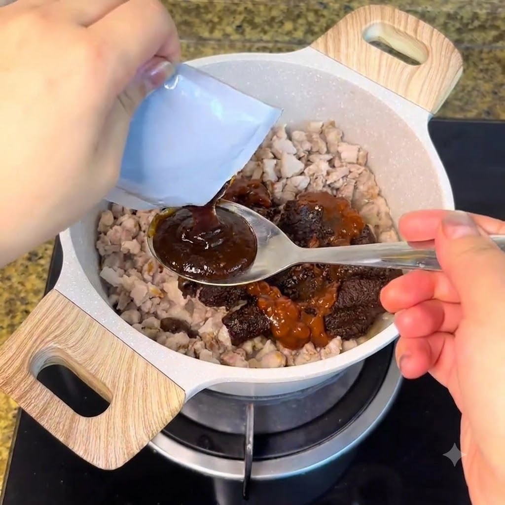 익은 고기가 담긴 냄비에 숟가락으로 소스와 양념을 추가하는 모습.