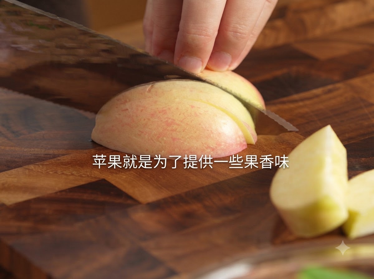 설명이 적힌 오버레이와 함께 도마 위에서 신선한 사과를 깔끔한 조각으로 써는 칼.