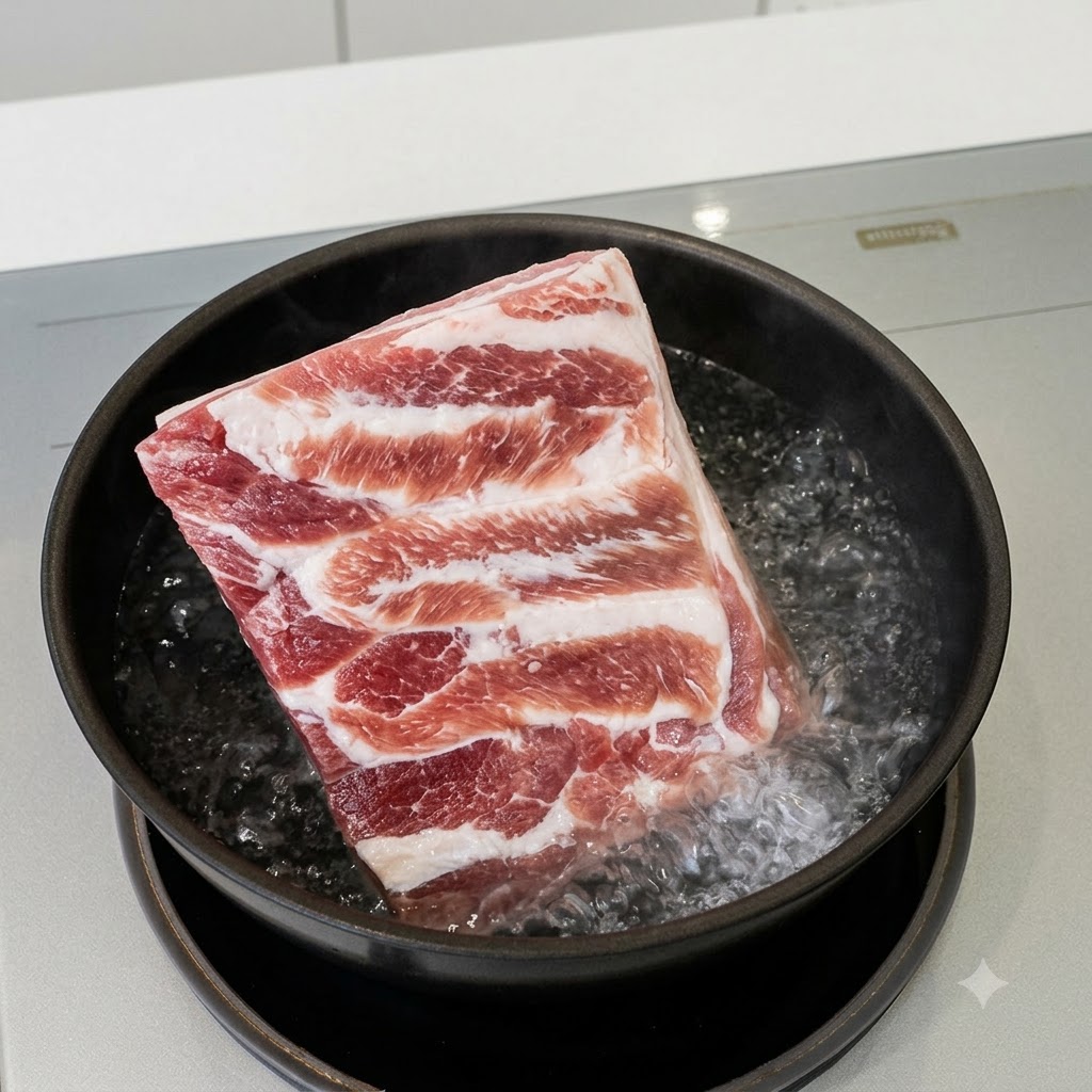 끓는 물이 담긴 얕은 검은색 냄비 안에서 데쳐지고 있는 생삼겹살 한 조각.