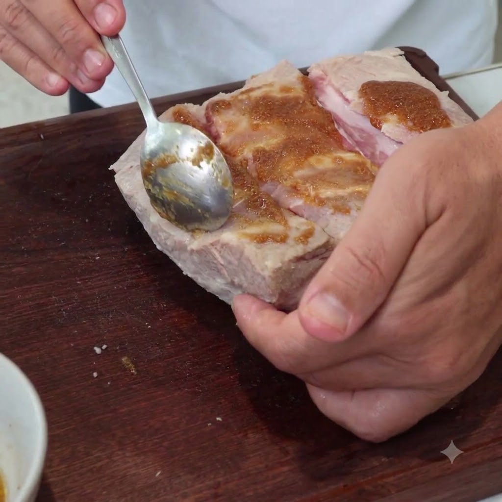 칼집이 난 삼겹살 표면에 숟가락으로 갈색 양념 페이스트를 펴 바르는 모습.