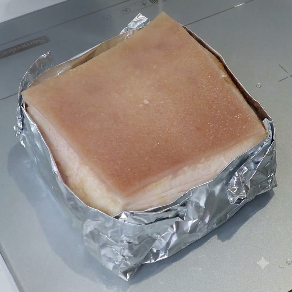 호일로 감싸진 삼겹살 블록 상단 껍질에 액체 혼합물이 붓으로 발라지고 있는 모습.