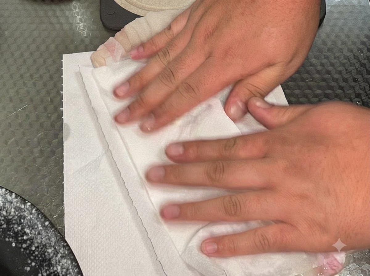 마리네이드된 생장어 필렛의 물기를 하얀 키친타월로 눌러 닦아내는 손.
