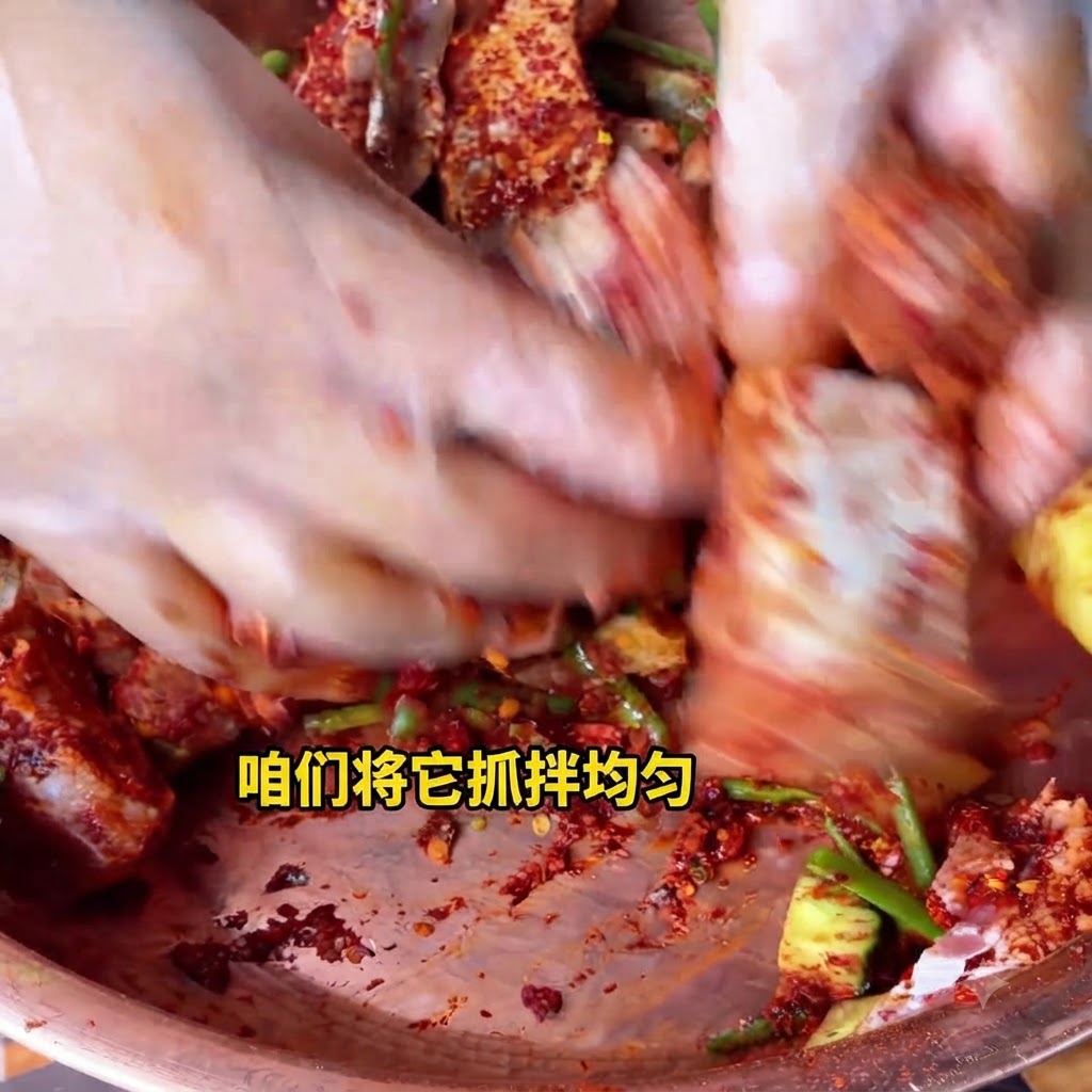 구리 그릇 안에서 양념된 돼지갈비를 손으로 활기차게 섞고 마사지하는 모습.