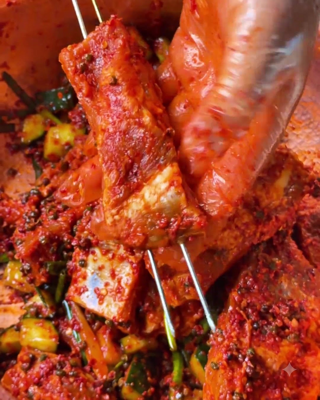 그릴에 배치되고 있는 꼬치에 낀 돼지갈비의 클로즈업 뷰.