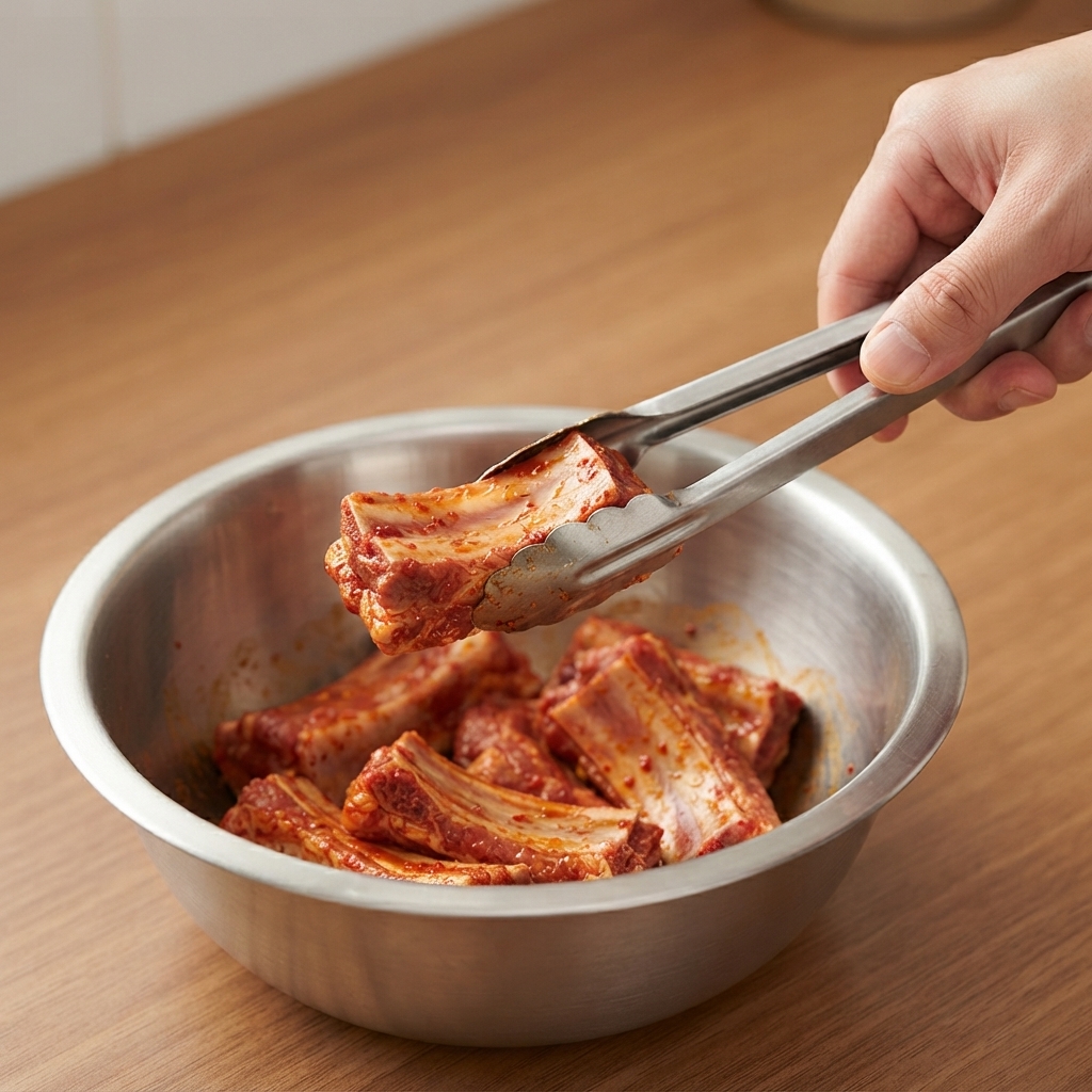 재료가 담긴 볼 옆에서 집게로 마리네이드된 돼지갈비 조각을 집어 올리는 모습
