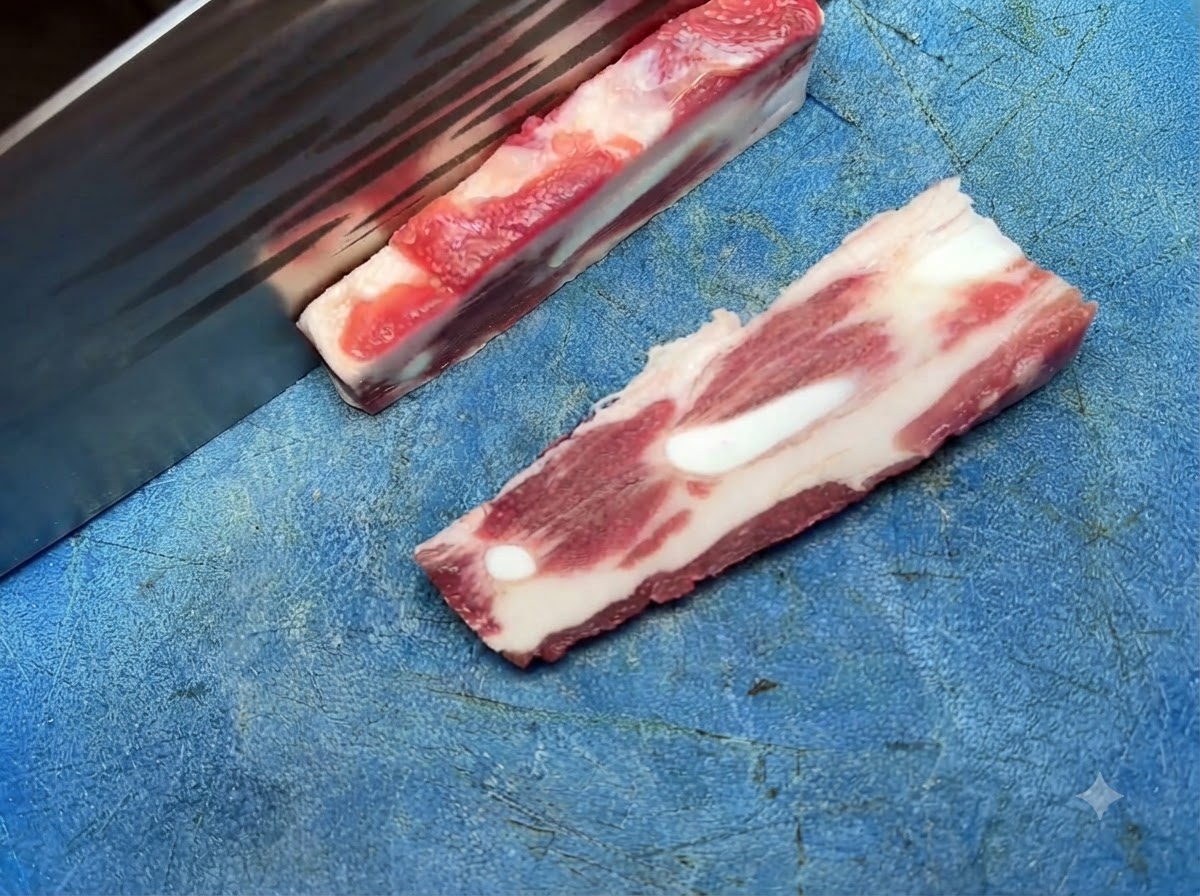 파란색 도마 위에서 날카로운 칼로 생돼지갈비 살코기를 작은 조각으로 썰고 있는 모습.