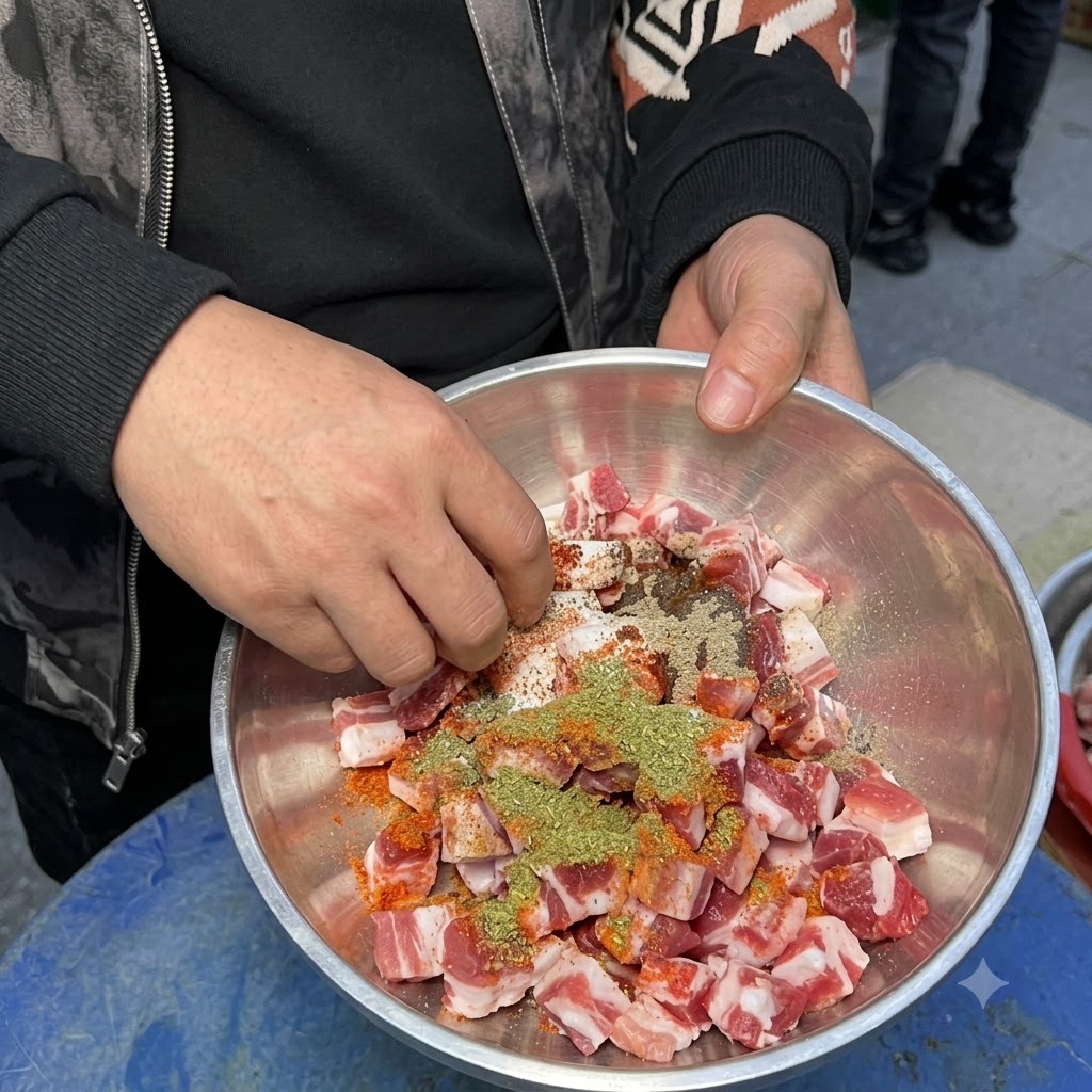 장갑을 착용한 사람이 스테인리스 볼 안에서 양념된 돼지고기 큐브를 손으로 골고루 버무리고 있는 모습.