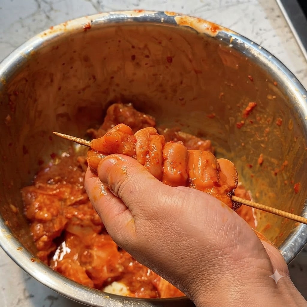 양념된 돼지갈비 조각을 나무꼬치에 하나씩 신중하게 꿰고 있는 모습.