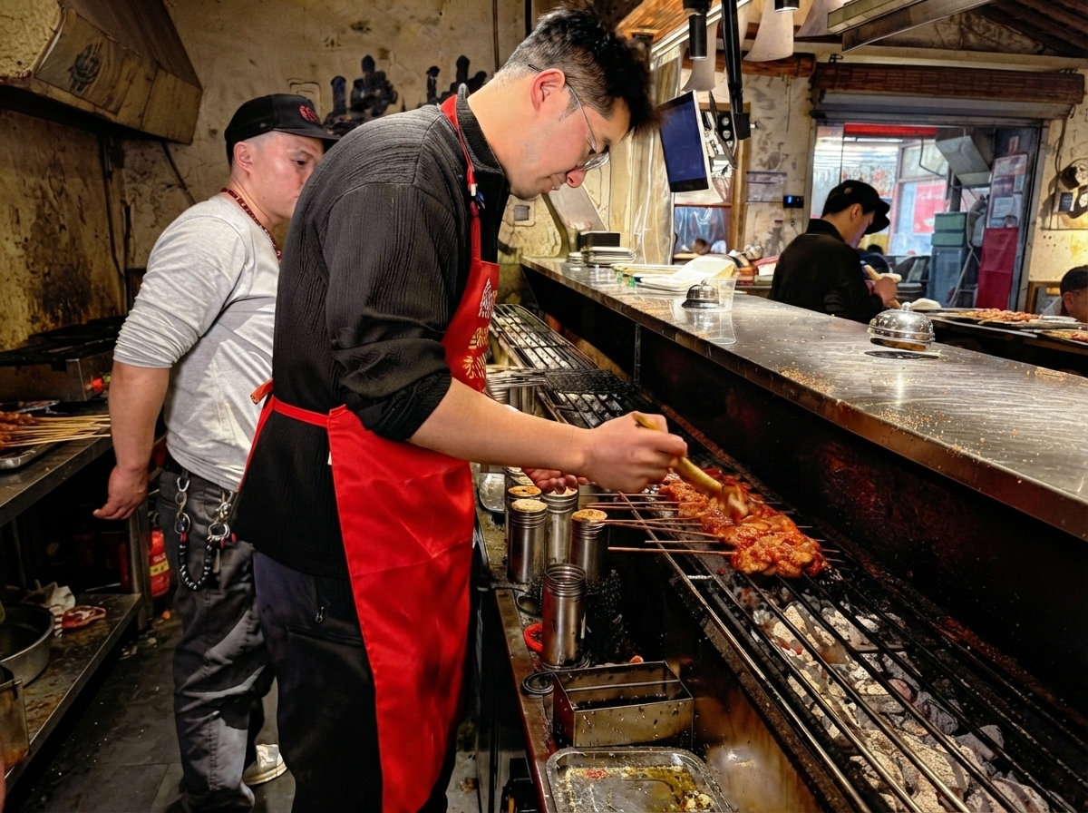 뜨거운 숯불 위에서 구워지는 돼지갈비 꼬치에 기름을 붓으로 바르는 모습.