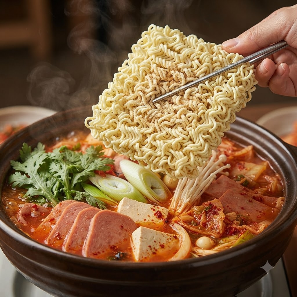 보글보글 끓기 시작하는 부대찌개 재료 위에 인스턴트 라면 한 블록을 올리는 모습.