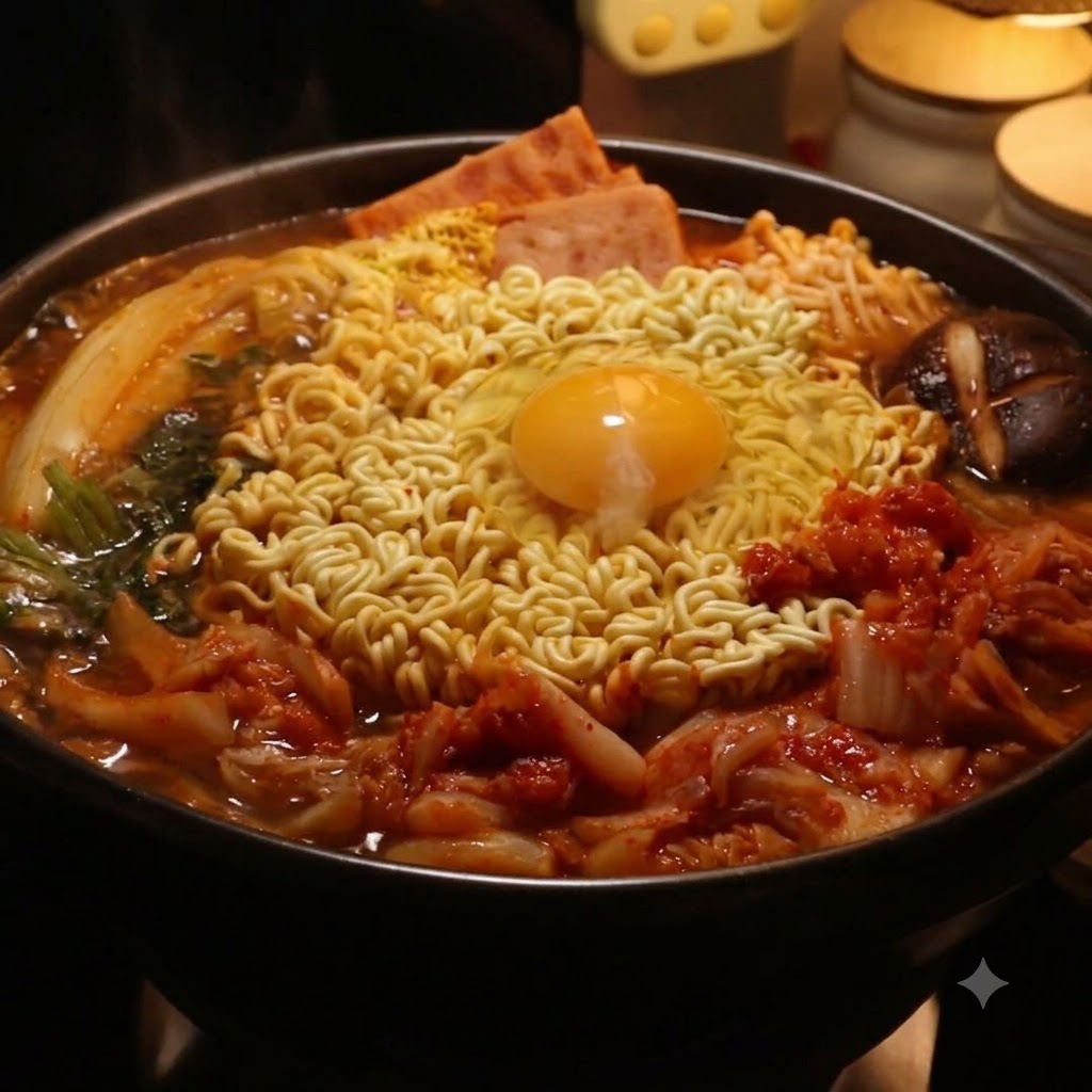 라면과 달걀이 들어간 부대찌개 냄비를 끓이는 동안 뚜껑을 덮어두는 모습.