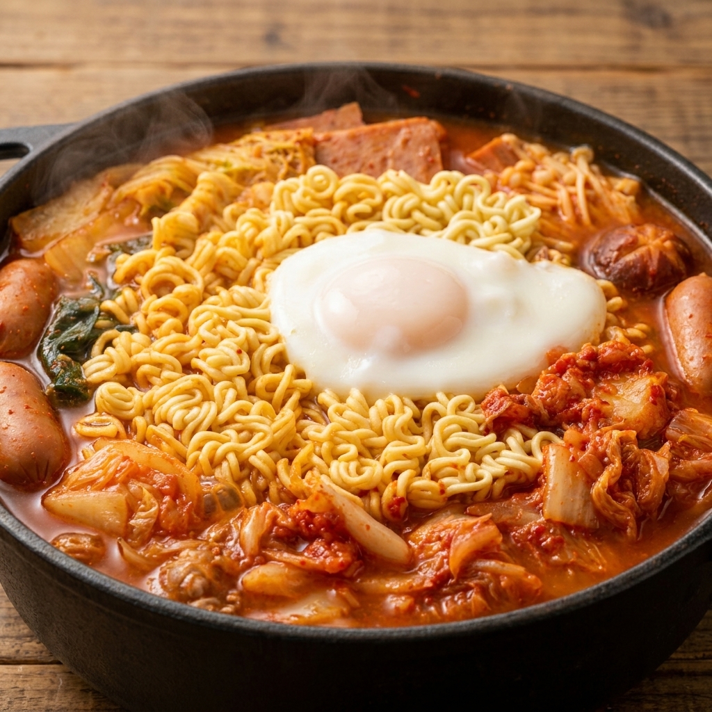 찌개 냄비 속 라면 위로 잘 익은 달걀 위에 검은깨를 솔솔 뿌리는 모습.