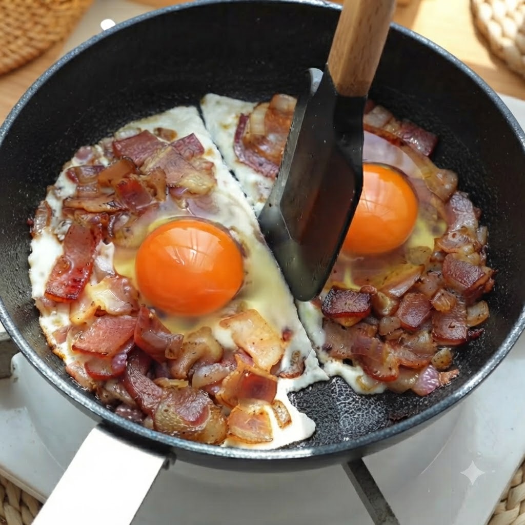 뒤집개로 팬 중앙을 가르며 조리되는 두 개의 달걀과 베이컨을 분리하는 모습.
