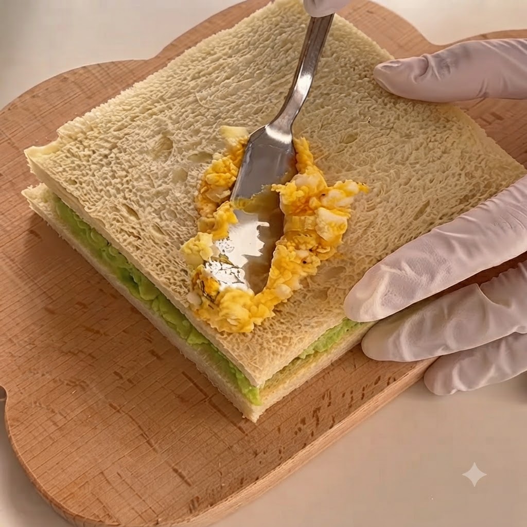 칼을 사용하여 준비된 에그샐러드를 두 번째 빵 조각 위에 바르는 모습.