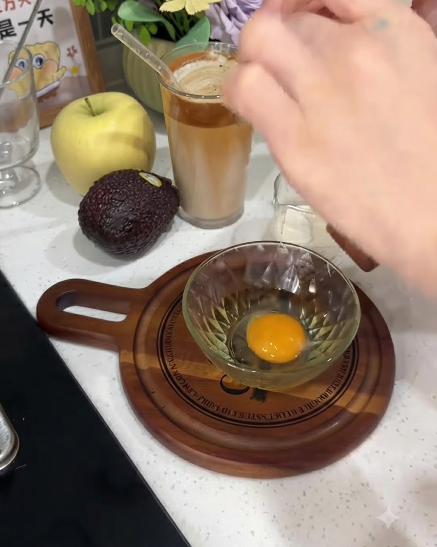 나무 도마 위의 작은 투명 유리 그릇에 날달걀이 깨져 떨어지고 있는 모습