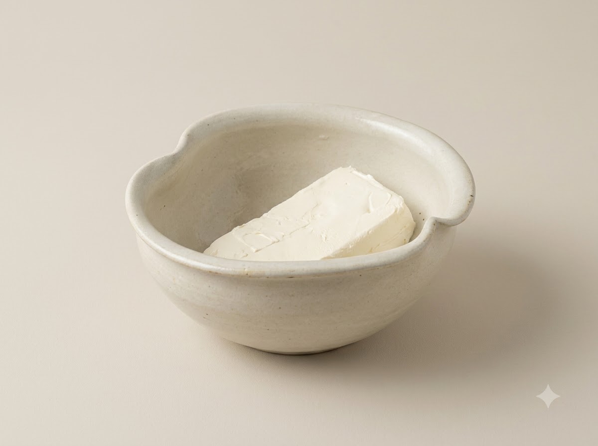 볼에 담긴 크림치즈 위에 조리된 베이컨, 양파, 쪽파를 올린 모습.